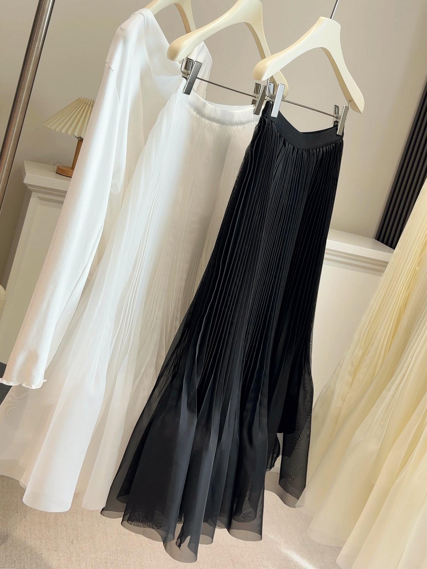 Apricot Mesh Mermaid Skirt: Elastic Waist, Flowy A-line Pleats for Spring & Summer One Size чёрный