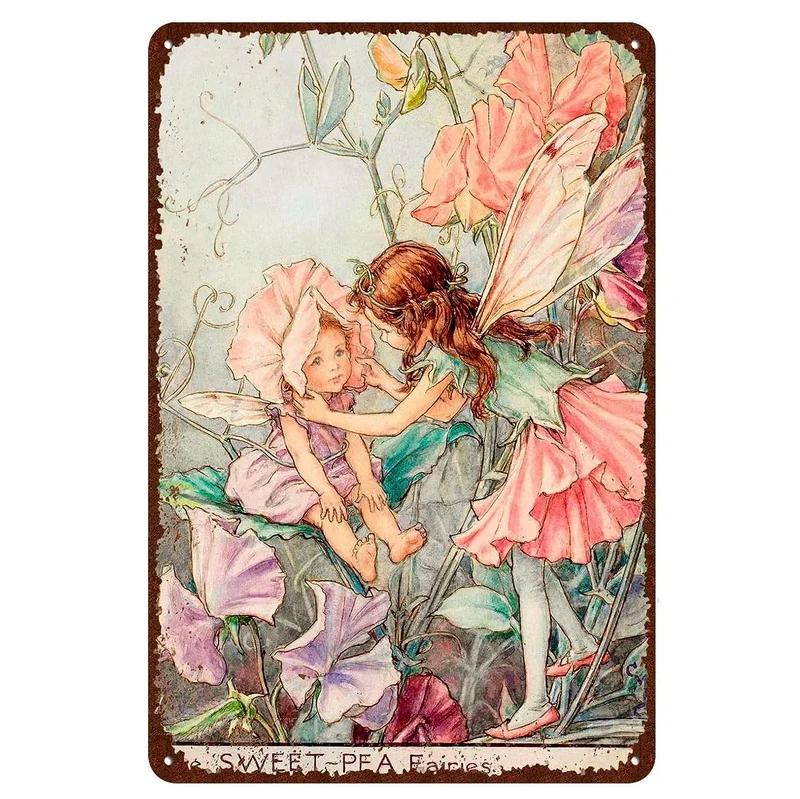 Flower Fairy Girl Metal Tin Signs Wall Decoration Plaque Vintage Art Poster Iron Painting for Man Cave Home Cafe Garden Club Bar
