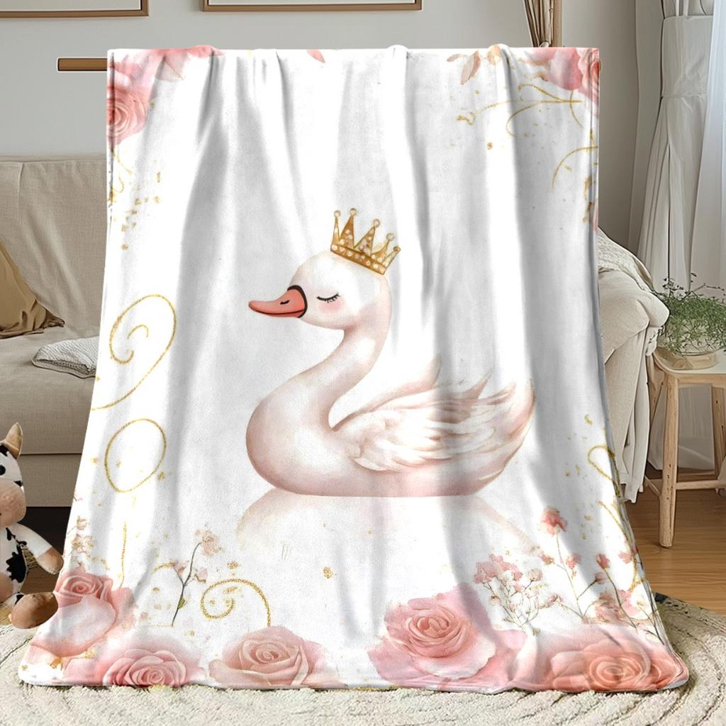 Swan with Crown Roses Fleece Blanket Elegant Royal Design Soft Flannel Throw Cover Wedding Gift for Women Princess Theme Decorl