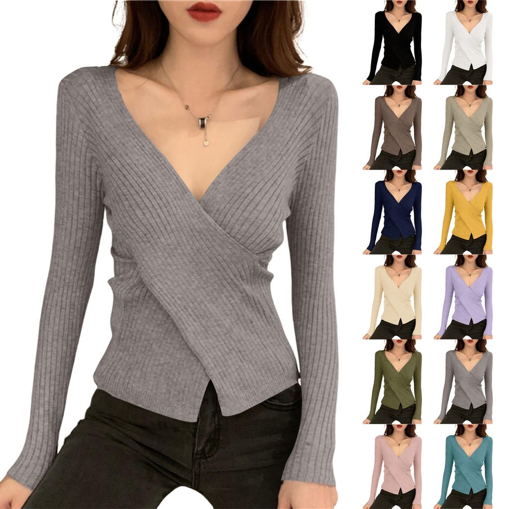 Women's V-neck Sweater Bottoming Shirt With Long Sleeves Cross-fitting Knitted Tights