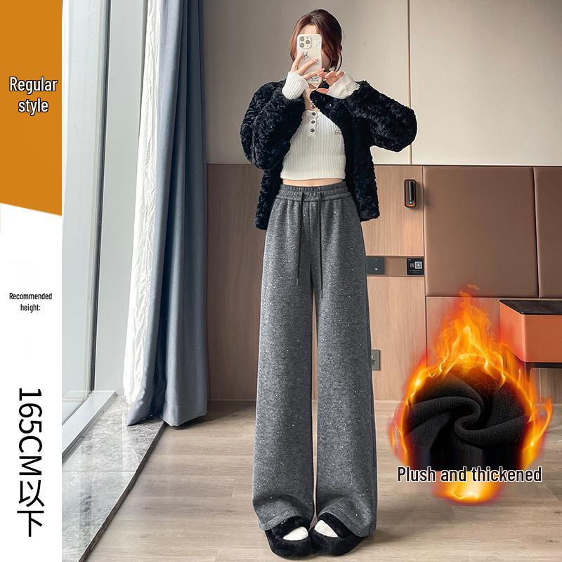 

Women s Gray Starry Sky Sequin Wide-Leg Cashmere Pants: Autumn/Winter, Plus Velvet, Warm, Versatile, Slimming Long Pants M