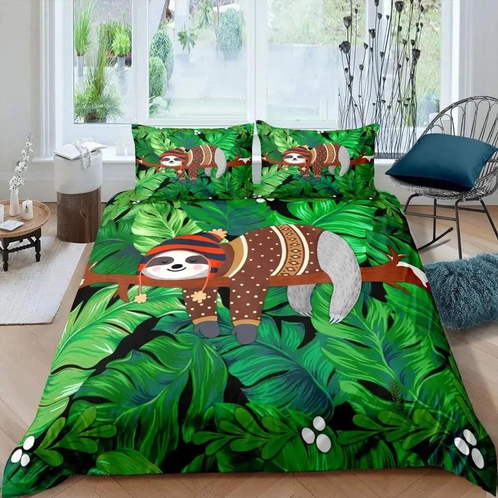 Cartoon Faultier Bettbezug Set Niedliche Tiere Bettwäsche Sets Für Jungen Mädchen Lustiges Faultier Tropische Blätter Floral Natur Steppdeckenbezug Set