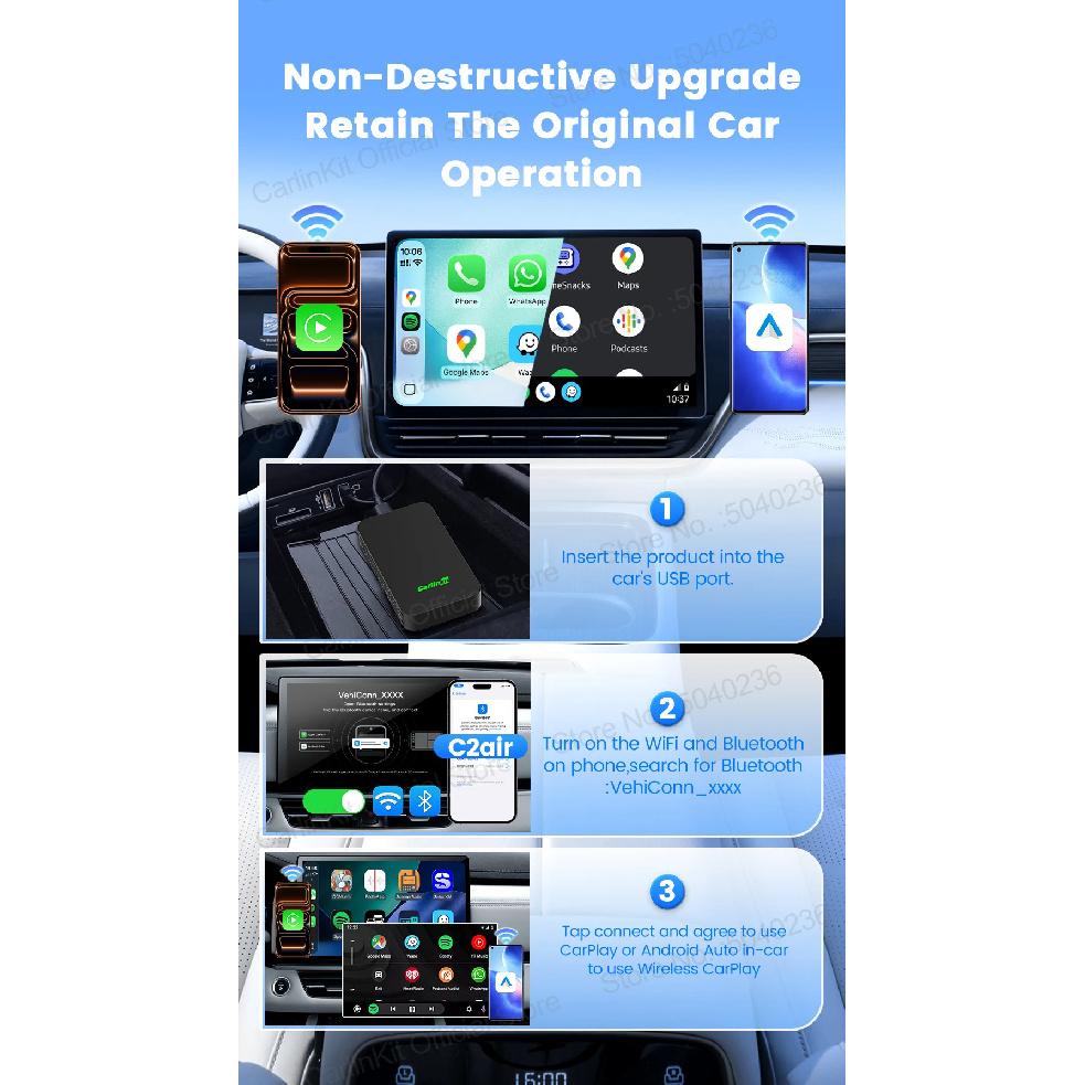 CarlinKit 5.0 C2Air Wireless Adapter Wireless CarPlay Android Auto Plug &Play 2.4Ghz&5.8Ghz WiFi BT Auto Connection For OEM Cars