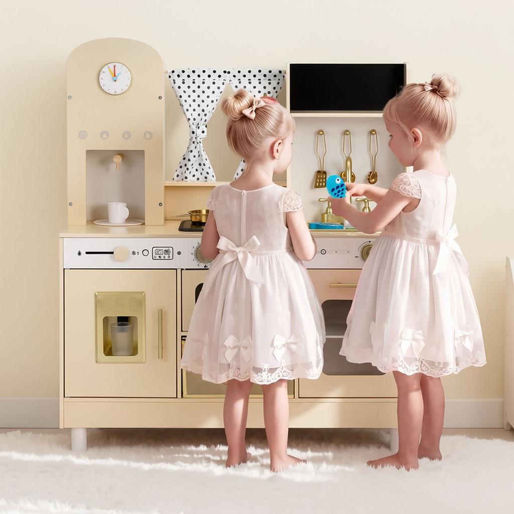 Cucina Giocattolo per Bambini, in Legno, Set da Cucina Giocattolo con Luci e Suoni Realistici, Cibo e Utensili da Cucina, Set Giocattolo per Giochi di Finzione Stile Moderno, Macchina del Ghiaccio,