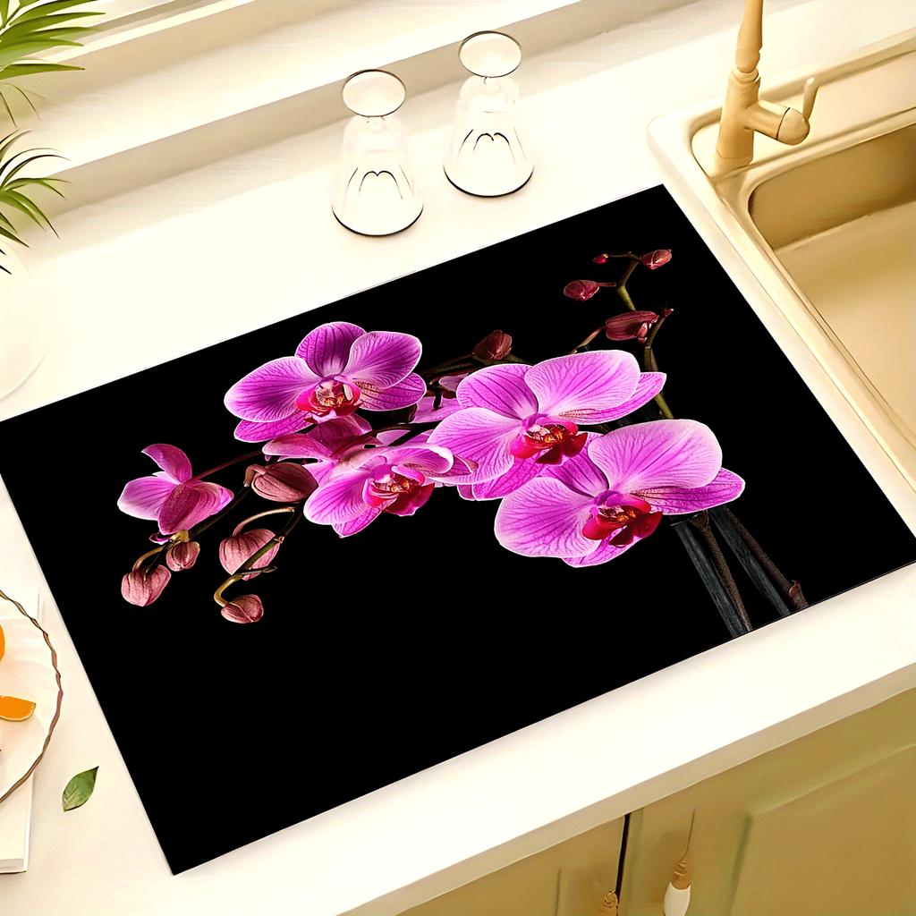 1Pcs Rubber Drying Mat With Retro Moroccan Orchid  Print For Coffee Shop Kitchen Carpet Tableware Durable Diatom Mud Table Mat Pet Mat Coffeeware