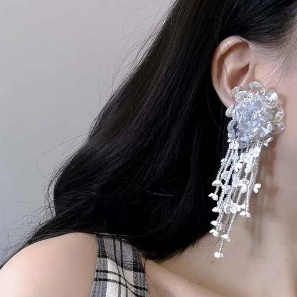 Zinc Zinc Alloy Crystal Beads Ear Drop Rhinestone White Flower Earrings Wedding Long Ear Drop  Holiday