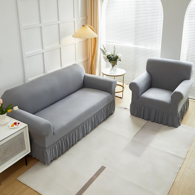 1pc Stretch Sofa Cover With Skirt Solid Color Dustproof Non-slip Adjuatable Sofa Slipcover for Bedroom Living Room Home Decor