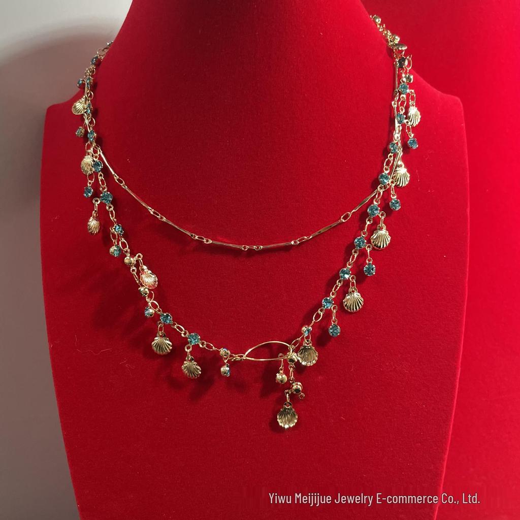 Retro Perlen- und Quasten-Choker-Halskette mit blauer Diamant-Schichtung - Modischer Strand-Schlüsselbein-Schmuck für Damen