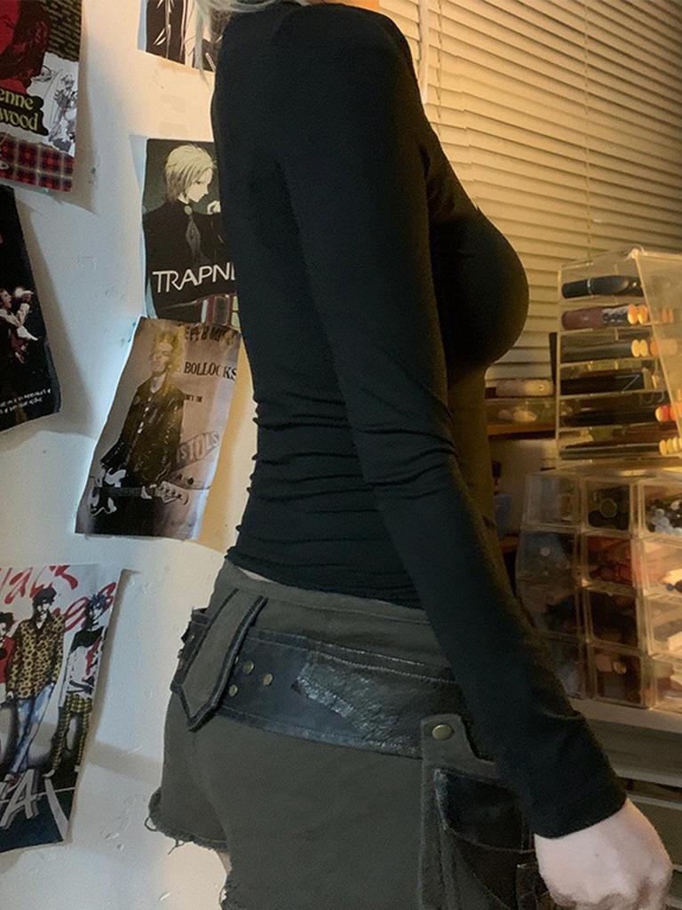 Y2K Tmavý síťovaný patchworkový slim fit sexy průsvitný top s dlouhým rukávem a výřezy