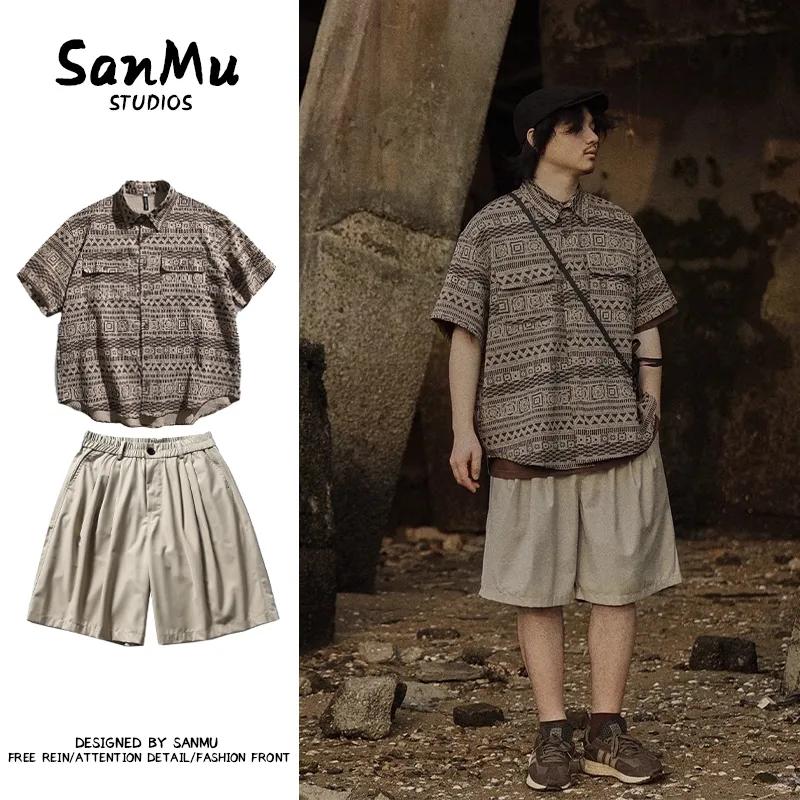 

Men Summer Vintage Ethnic Geometric Print Short Sleeve Loose Casual Button Down Shirt M хаки