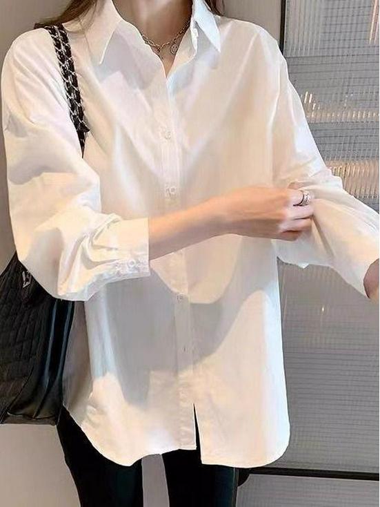 

Женская повседневная белая рубашка: Весна/Осень, Чистый хлопок, Свободный крой, Дизайн высокого класса, Большой размер M (for 95-110 jin)