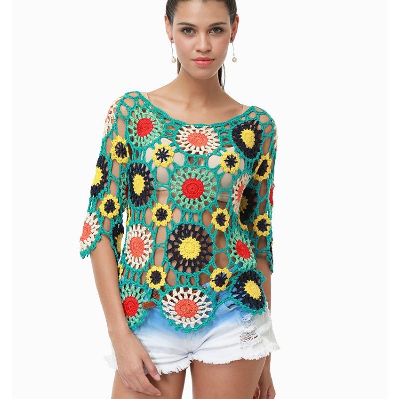 Women's Summer Handmade Crochet Hollow Floral Beach Cover-up Top