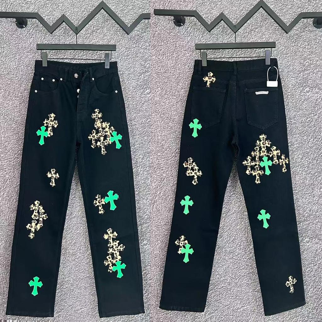 9922 CHROME HEARTS Men's and Women's American Style Trendy Jeans with Fabric Patches, Casual and Fashionable High Street Pants