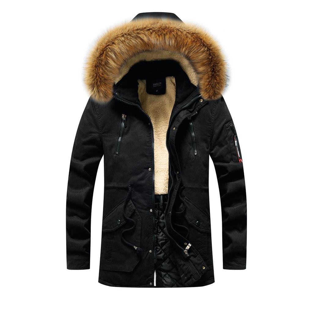 Winter Men's Hooded Plush Large Wool Collar Medium and Long Cotton Clothes