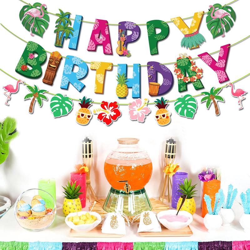 Hawaiian Flamingo Theme Pineapple Coconut Tree Pattern Children Birthday Anniversary Celebration Summer Party Decoration Banner