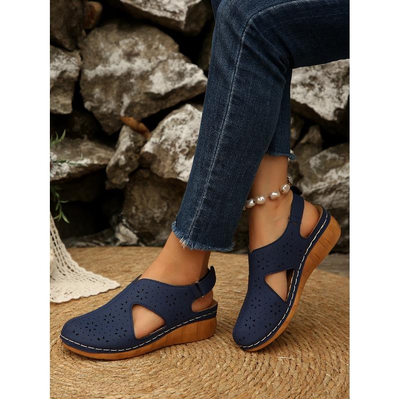 Women's Summer Breathable Hollow Velcro-Strap Wedge Peep-Toe Stitched Closed-Toe Sandals, Casual Comfort Footwear.