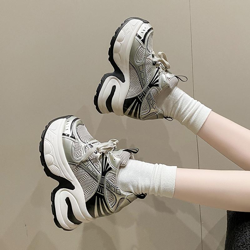 Fashion 10CM Heels Chunky Sneakers Spring Autumn ventilate Women Shoes Comfortable Casual Leather Shoes 2024 Fashion Female Casual Shoes