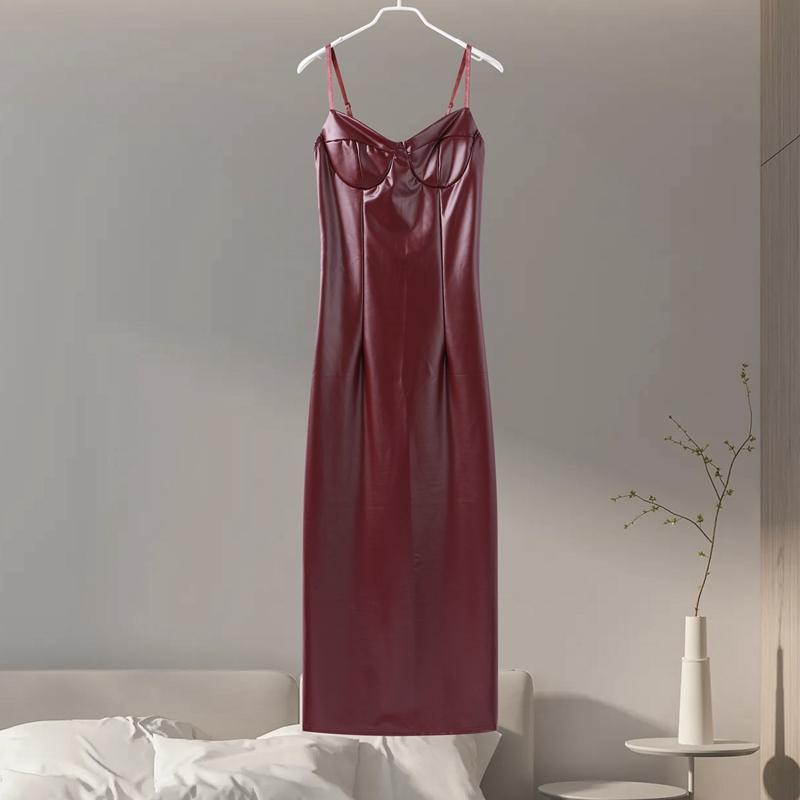 Sexy einfarbiges Leder-Partykleid Damen Schlank Ärmellos Rückenfrei Hüftbetont Langes Trägerkleid 2026 Frühling Sommer Damenkleid