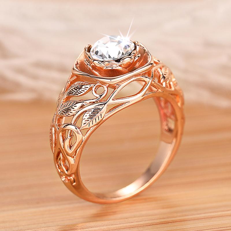 Huitan Aesthetic Rose Gold Flower Ring Female Engagement Accessories with Bright Zirconia Graceful Wedding Band Jewelry