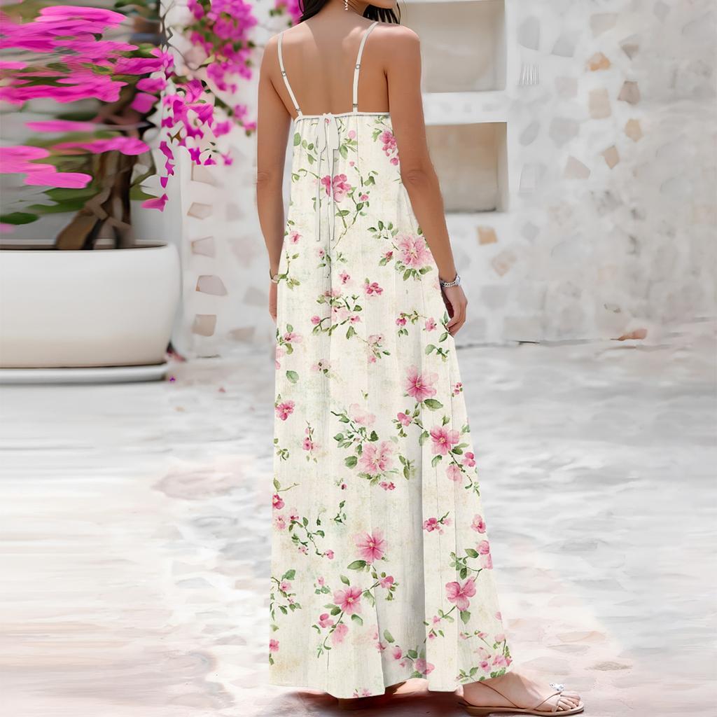 Women's Spring And Summer Casual Fashion Adjustable Suspender Printing Long Dress