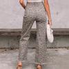 Women's High Waist Straight Leg Jeans Leopard Print Raw Frayed Hem Denim Long Pants