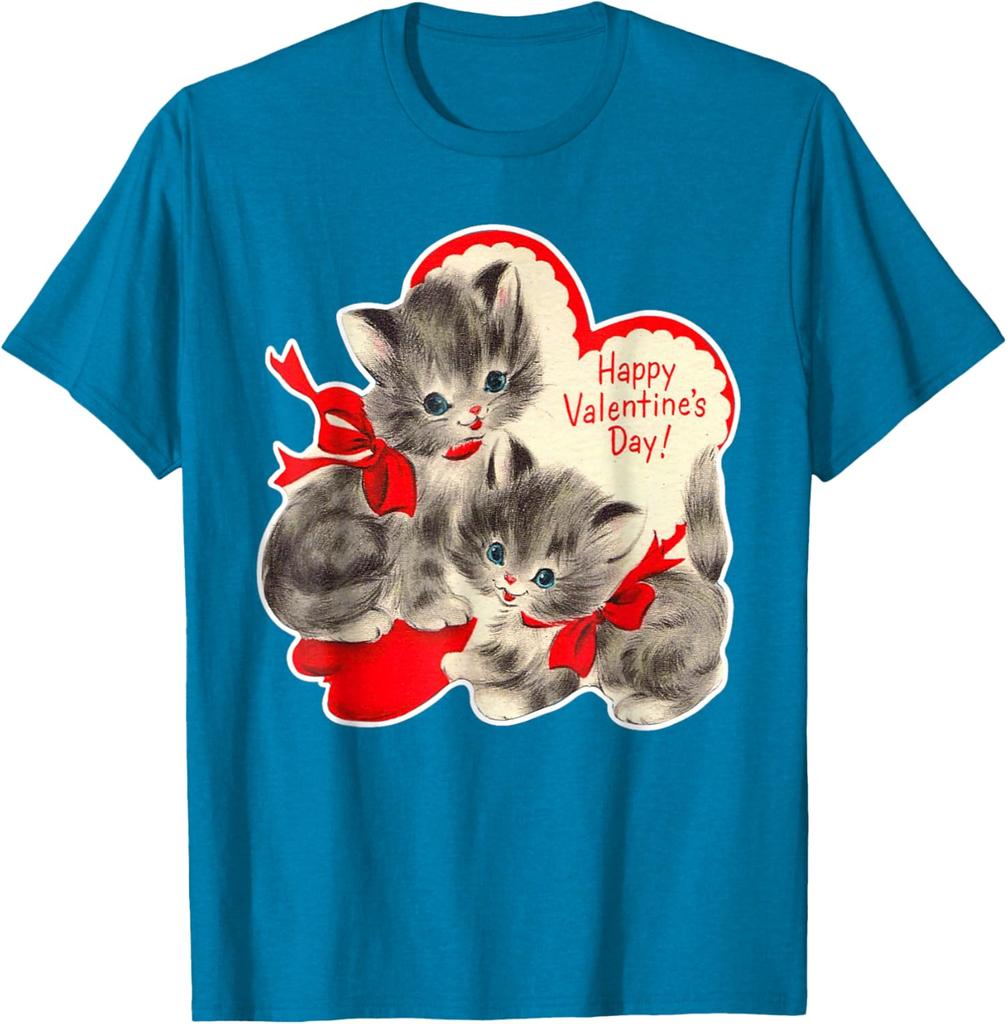 Vintage Kitten Valentine Graphic T-Shirt Retro Holiday Print Soft Cotton Casual Daily Tee