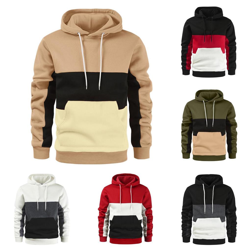 2024 Men's Autumn/Winter Fashion Color Block Hoodie - European & American Patchwork Style