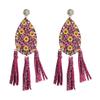 Women Hyperbole Double-sided Daisy Print Drop Earrings Titanium Steel Zircon Crystal Long Tassels PU Leather Bohemia Ear Ornaments
