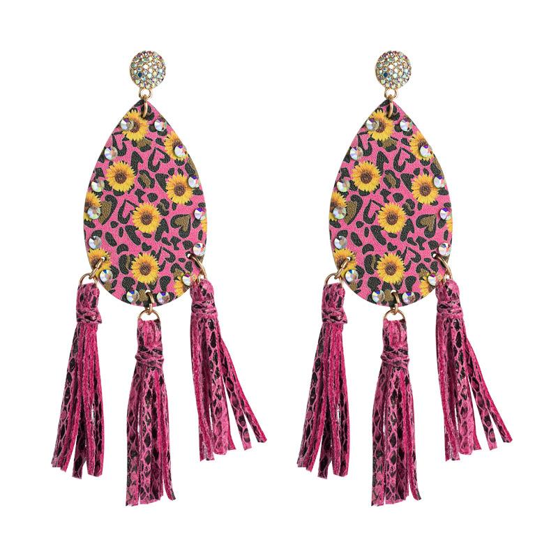 Women Hyperbole Double-sided Daisy Print Drop Earrings Titanium Steel Zircon Crystal Long Tassels PU Leather Bohemia Ear Ornaments
