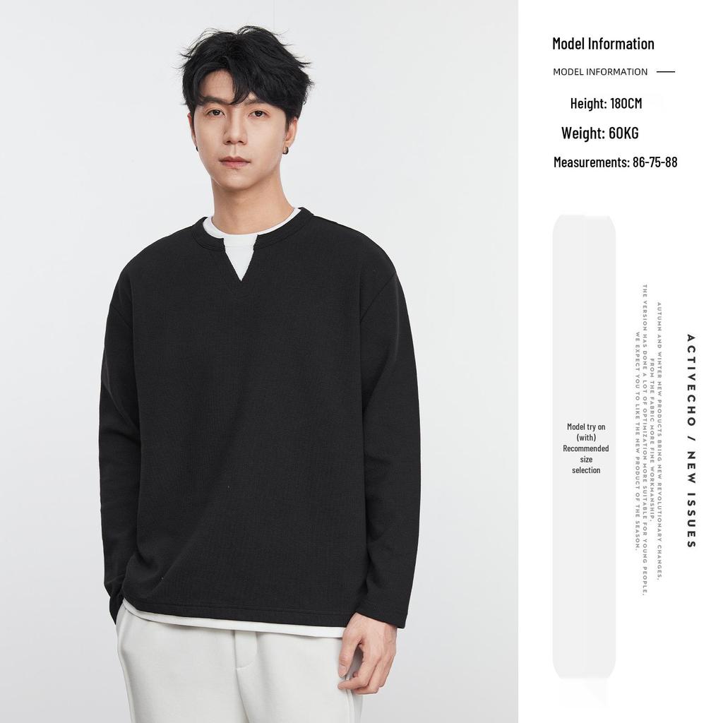 Also Stop Men's Layered V-Neck Long Sleeve Sweatshirt, 2025 Spring Loose Pullover, Light Mature Style