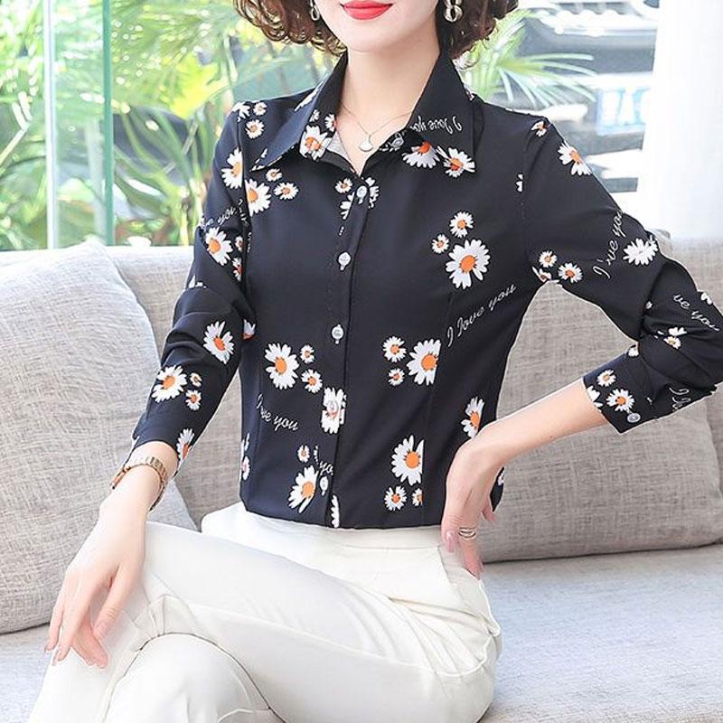 Female Clothing Vintage Polo-Neck Blouse 2023 Spring Autumn Fashion Single-breasted Commute Floral Printed All-match Slim Shirt