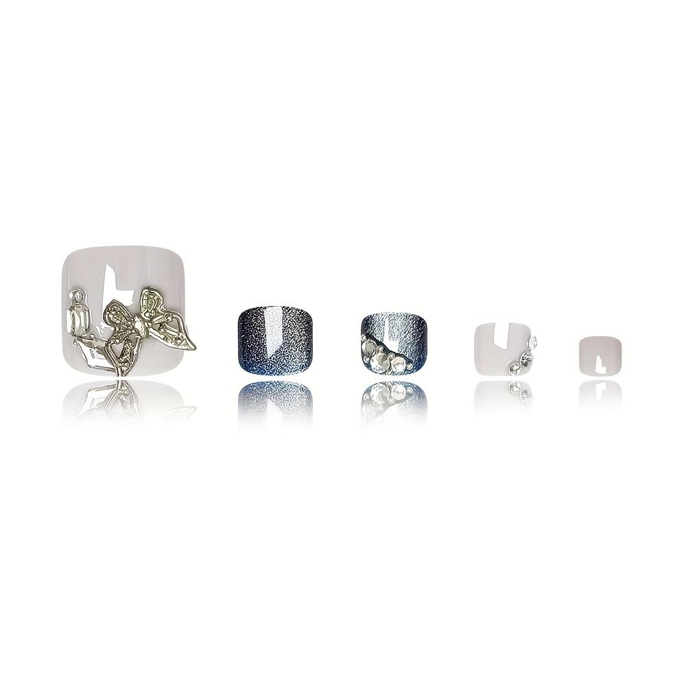 Set of 24 Shiny Artificial Toe Nails In Blue Featuring Butterflies And Rhinestones Reusable for Women