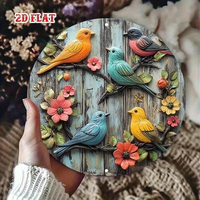 Vibrant Bird Flower Metal Art Round Aluminum Sign Home Decor