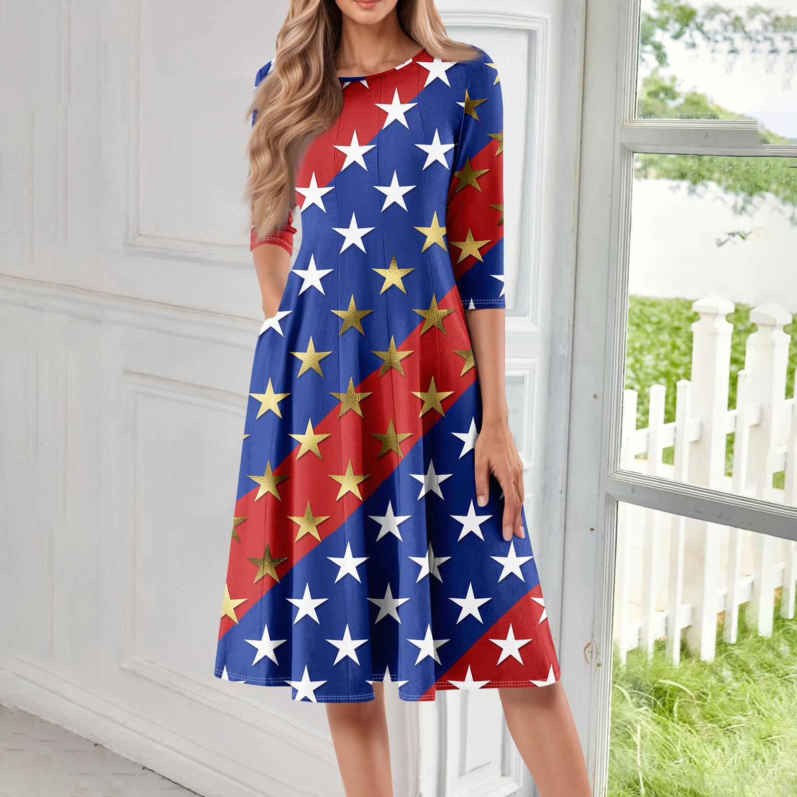 

Женское повседневное модное платье миди с круглым вырезом и рукавом три четверти с принтом «День независимости» S