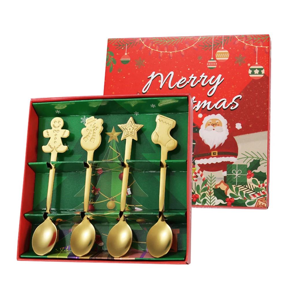 4/1PCS Christmas Dinnerware Stainless Steel Coffee Spoon Dessert Fruit Fork Cartoon Santa Claus Spoon Fork Xmas Table Supplies