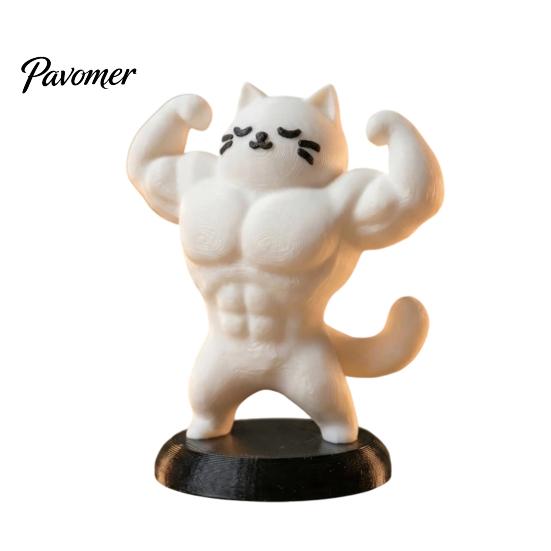 Office Desk Accessories 3D Printed Muscle Cat Figurine, Funny Strong Animal Ornament for Cute Home Office, Creative Sculpture with Base, Unique