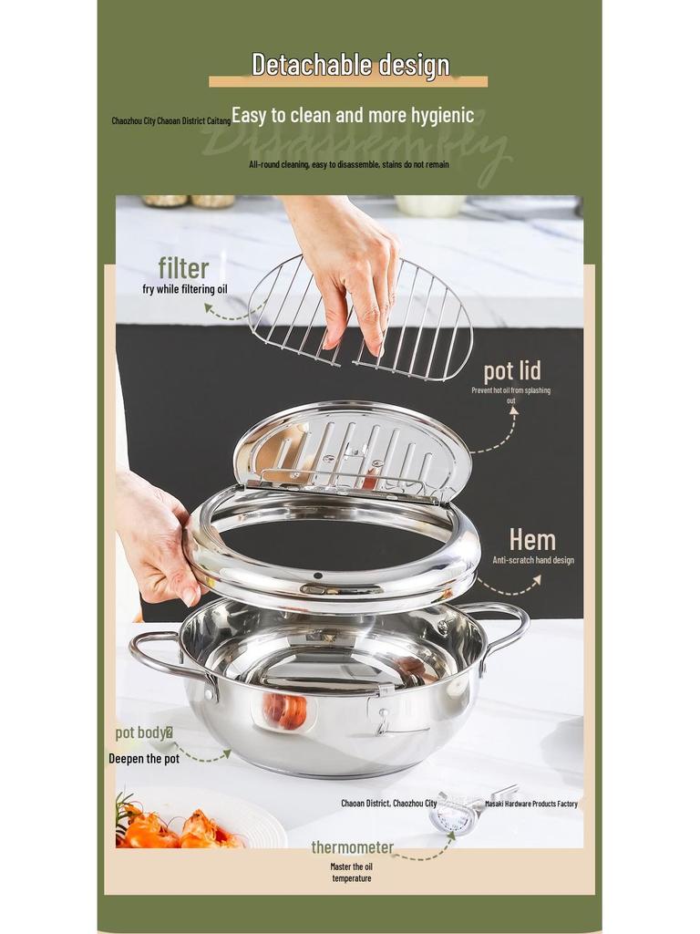304 Stainless Steel Tempura Fryer with Thermometer for Oil-Saving On Induction and Gas Stoves