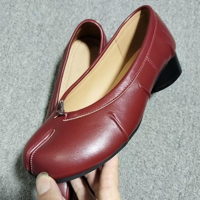 Pleated Designer Split Toe Women Pumps Comfort Soft Leather 3.5cm Low Heeled Ballet Ballerina Casual Tabi Loafers Shoes