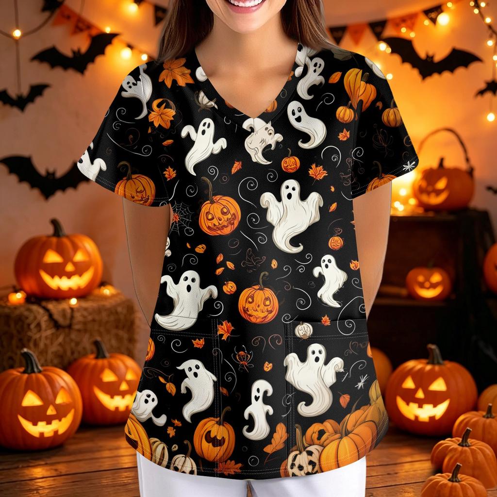 Women's Halloween Print Loose Fit V Neck Short Sleeve Medical Scrub Top Nurse Uniform Work Shirt with Pockets for Caregivers