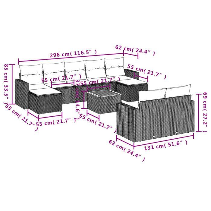 VidaXL Salon de Jardin avec Coussins 10 pcs, Canapés de Terrasse, Ensemble de Meubles de Patio, Mobilier d'Extérieur, 3256668