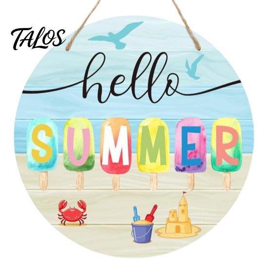Beach House Accessories Hello Summer Door Sign, Ice Pop Flip Flop Welcome Hanger, Outdoor Patio Decor Farmhouse Hanging Wooden Wreath for Front