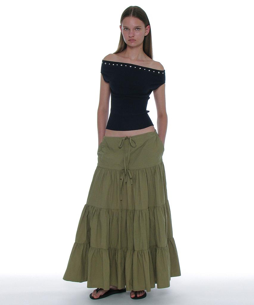 PARTIMENTO WOMEN Studded Off-Shoulder Knit Top_Navy