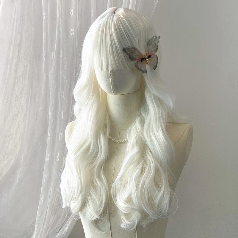 Japanese Korean Black Long Curly Hair Wig Women's Air Bangs Big Waves Synthetic Full Head Cover