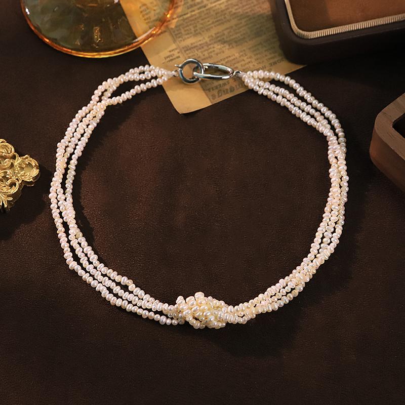 Natural Freshwater Pearl Knotted Necklace with Clasp for Women Wedding Bridal White Multi-Strand Pearl Choker Dainty Jewelry