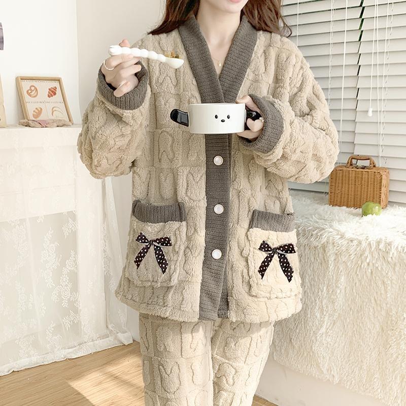 Taglie Forti Inverno Donna Caldo Abbigliamento da Casa Pigiama Signore Flanella Spesso Pile Corallo Oversize Lana Pigiama Peluche Velluto Corallo