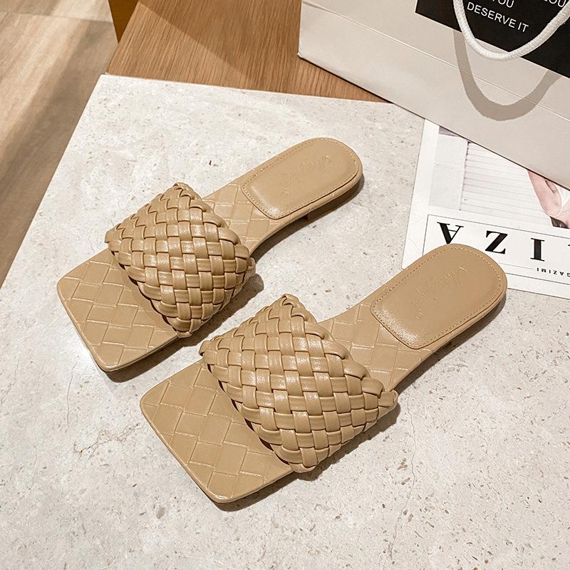 

Мода 2025 Роскошные вязаные кожаные туфли Femme Летние тапочки Плетеные плоские сандалии Mujer С открытым носком Шлепанцы Сабо Женские шлепанцы 4.5 верблюд