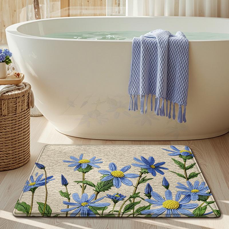 Floral Bath Mat Non-Slip Absorbent Quick Dry, Thick Sponge Bathroom Carpet, Small Fresh European Style Floor Rug for Bath Decor
