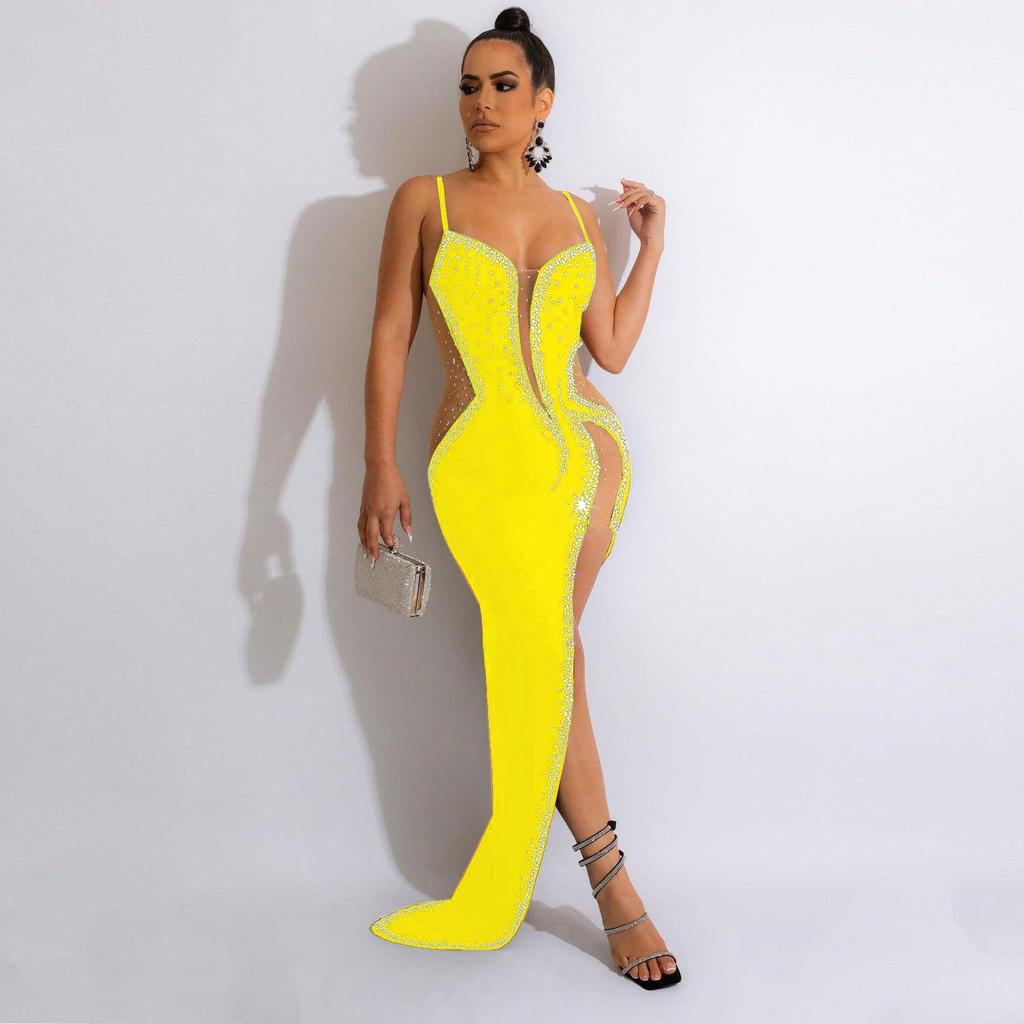ZQK2567 Sexy See-Through Spaghetti Strap Evening Dress with Hot Drill Design