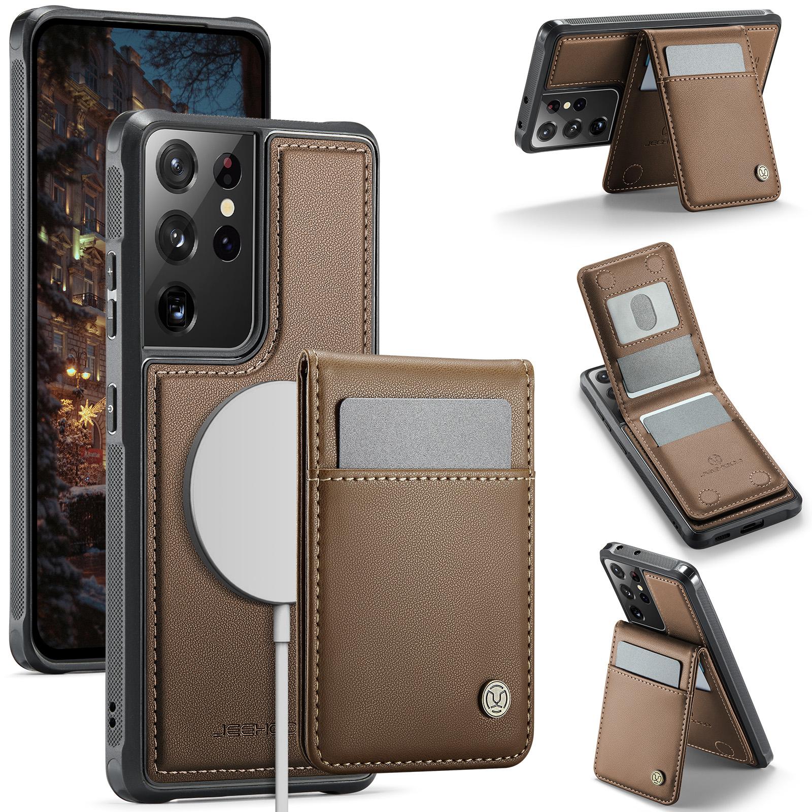 

For Samsung Galaxy S21 Ultra 5G Leather Back Cover Compatible with MagSafe JEEHOOD J06 Phone Case with Card Bag RFID Blocking Brown