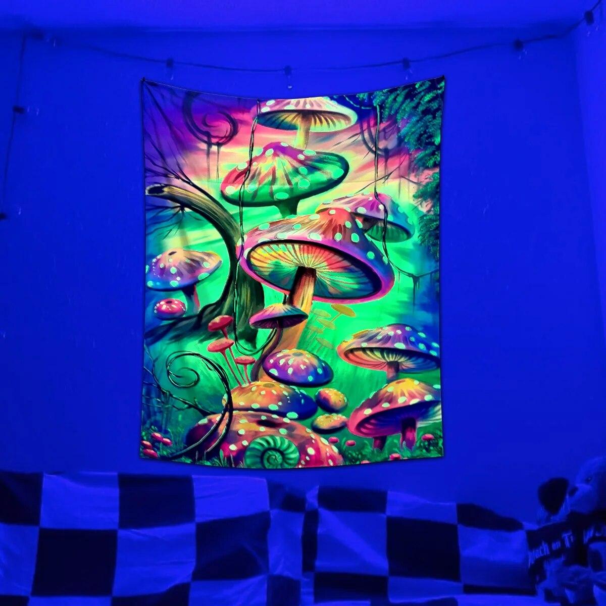 

Черный свет, художественный гобелен, УФ-фон, Сова, гриб, психоделический настенный гобелен, хиппи, весь декор, спальня, общежитие, отдельная комната 100x75cm